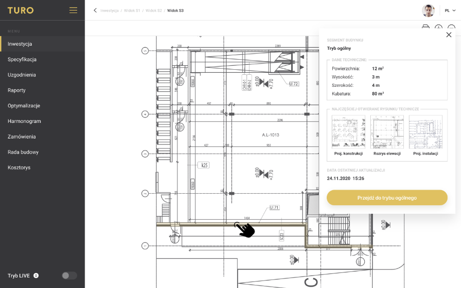 Widok z otwartym okienkiem szczegółów technicznych