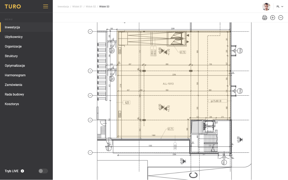 Zaznaczony obszar inwestycji na rysunku technicznym